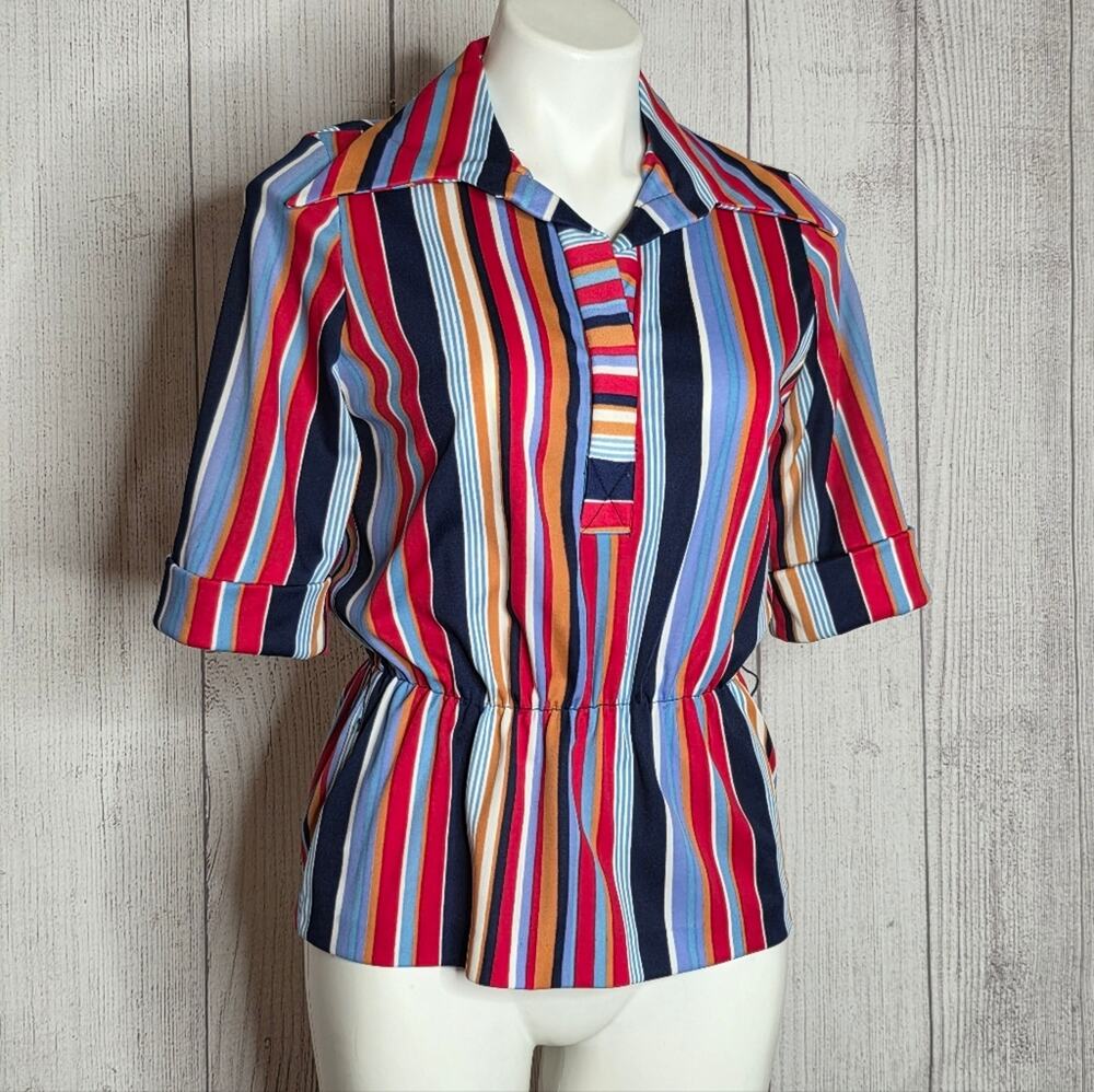 Vintage 70s Bold Striped Collared Top Elastic Waist Blouse, sz Medium